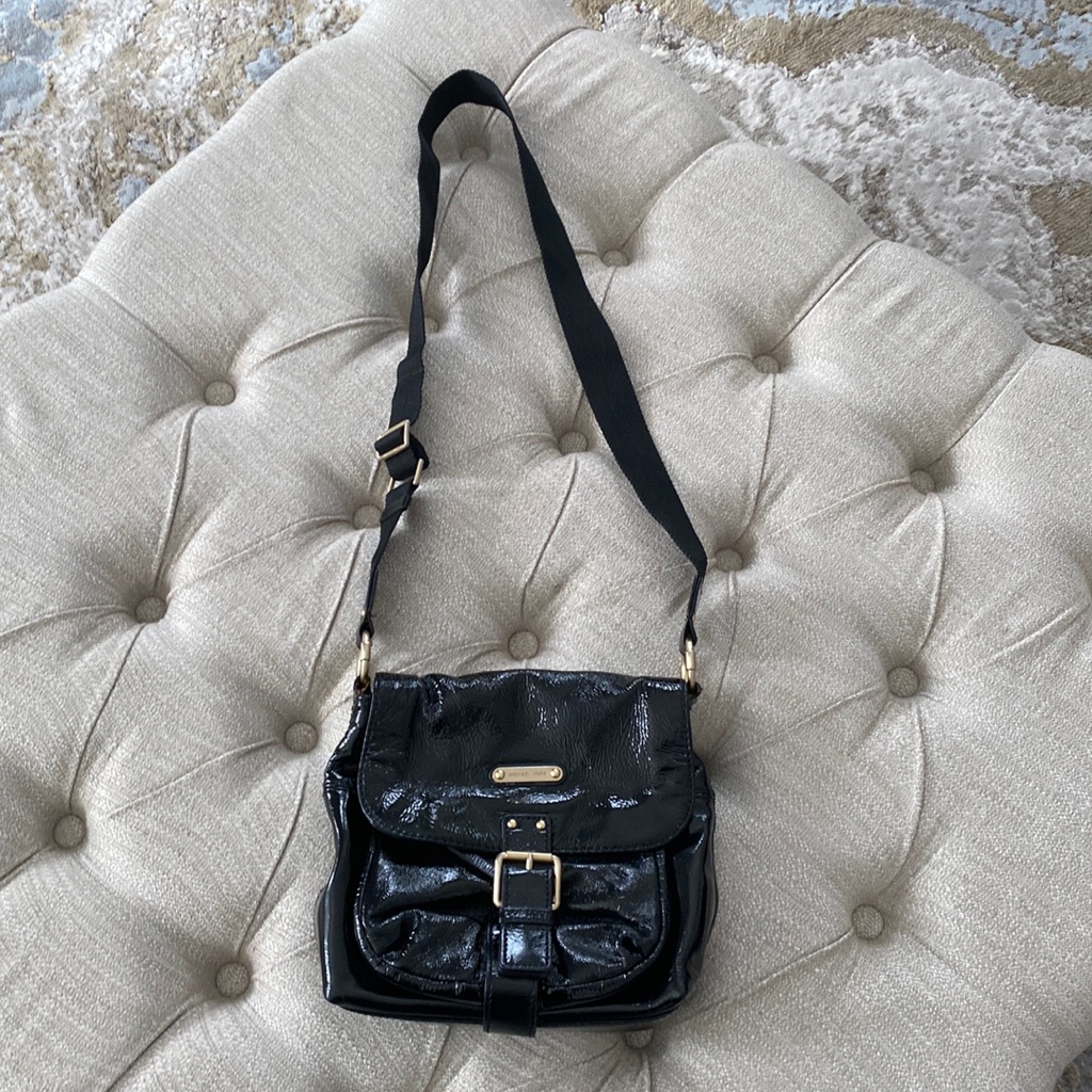 Michael Kors Black Patent Leather Saddle Style Bag With Gold Accents